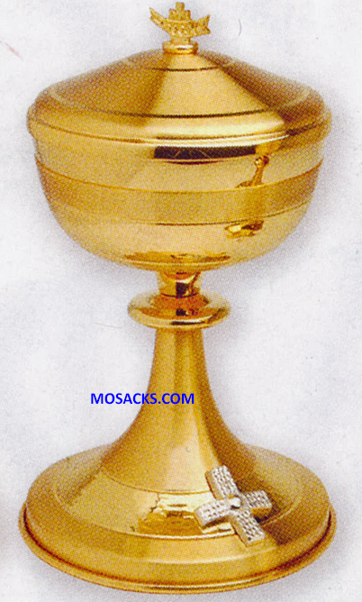 Ciborium - Gold Plated Ciborium with Silver Cross K718 measures 9" high and 4-3/4" diameter cup with a 200 host capacity and 5-1/2" Base