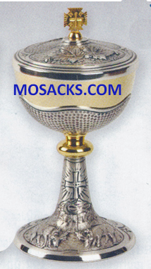 Ciborium Gold Plated and Oxidized Silver Ciborium with Holy Spirit and Grapes with Leaf design is 9-1/4"H and 4-5/8" dia. Cup with 250 host cap. 14-K916 FREE SHIPPING