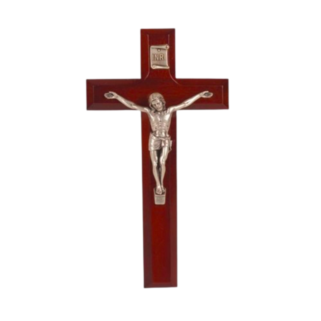 7" Dark Cherry Cross with an Antique Silver Plated Corpus of Jesus  12-41A-7R1 Gift Boxed