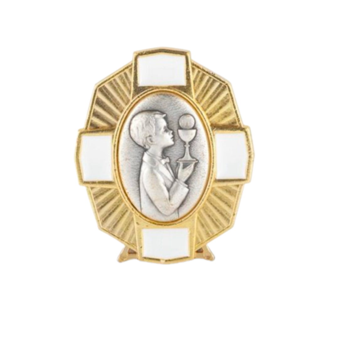 Communion White Enamel with Antique Silver and Gold Plated Finish Metal Stand with depiction of a Boy holding Chalice and Host 12-2540-670.  This 2-1/4" Boy Communion Metal Stand is a nice remembrance of his special First Holy Communion Day.