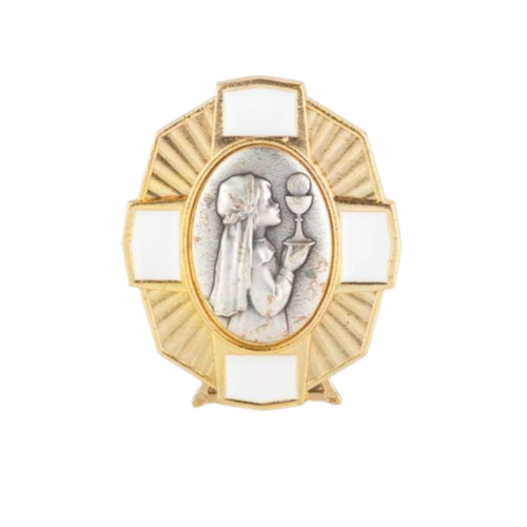 First Communion White Enamel with Antique Silver and Gold Plated Metal Stand with depiction of a Girl holding the Chalice and Host. 12-2540671  This 2-1/4" Communion Metal Stand is a nice remembrance for her special First Holy Communion Day.