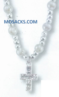 Communion Round Faux Pearl Zirconia Cross 16" Necklace 12-1700/606