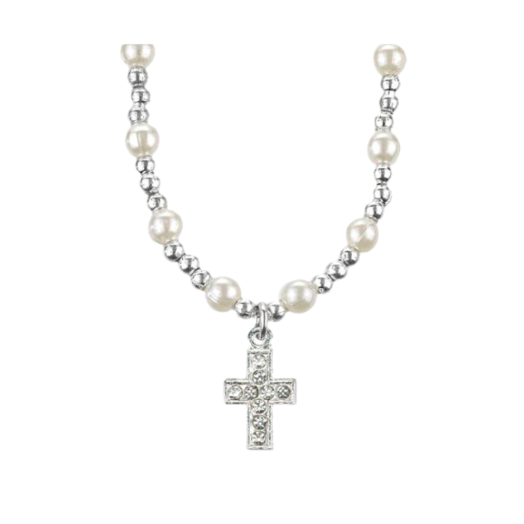 Communion Round Faux Pearl Zirconia Cross 16" Necklace 12-1700606