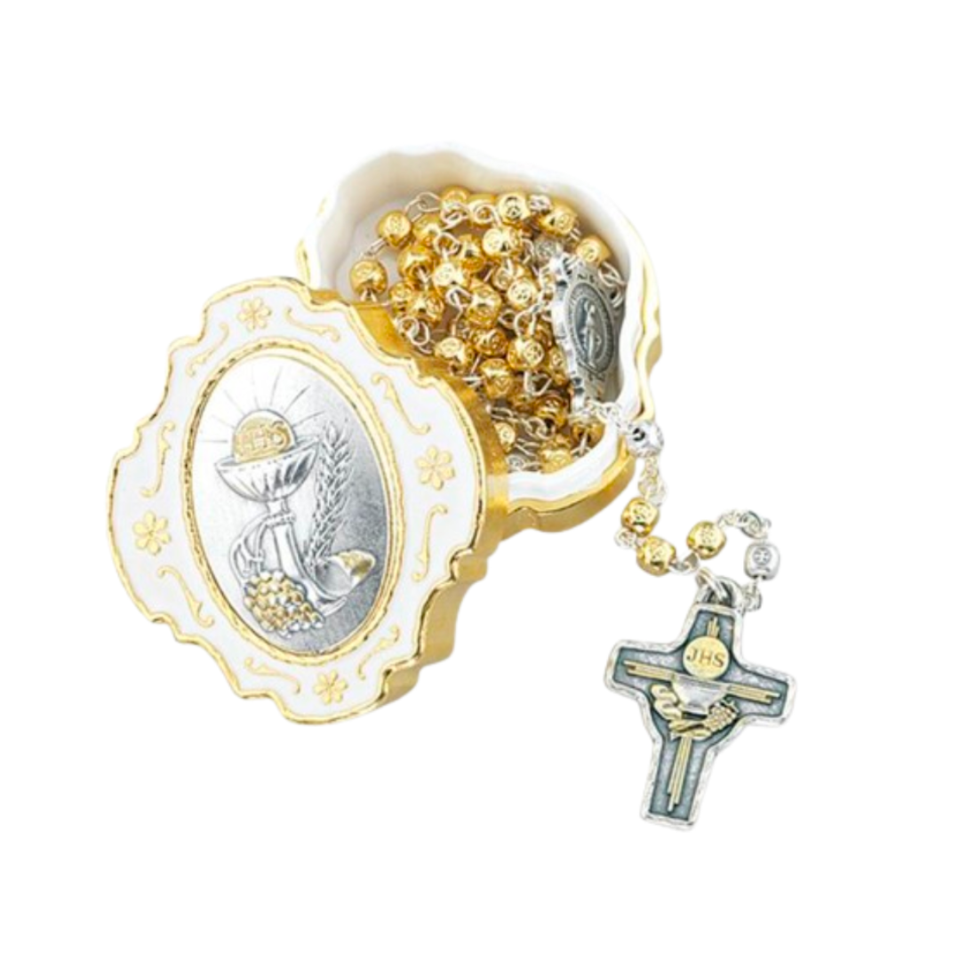 Communion Gold Silver Metal Rosary Keepsake Box 