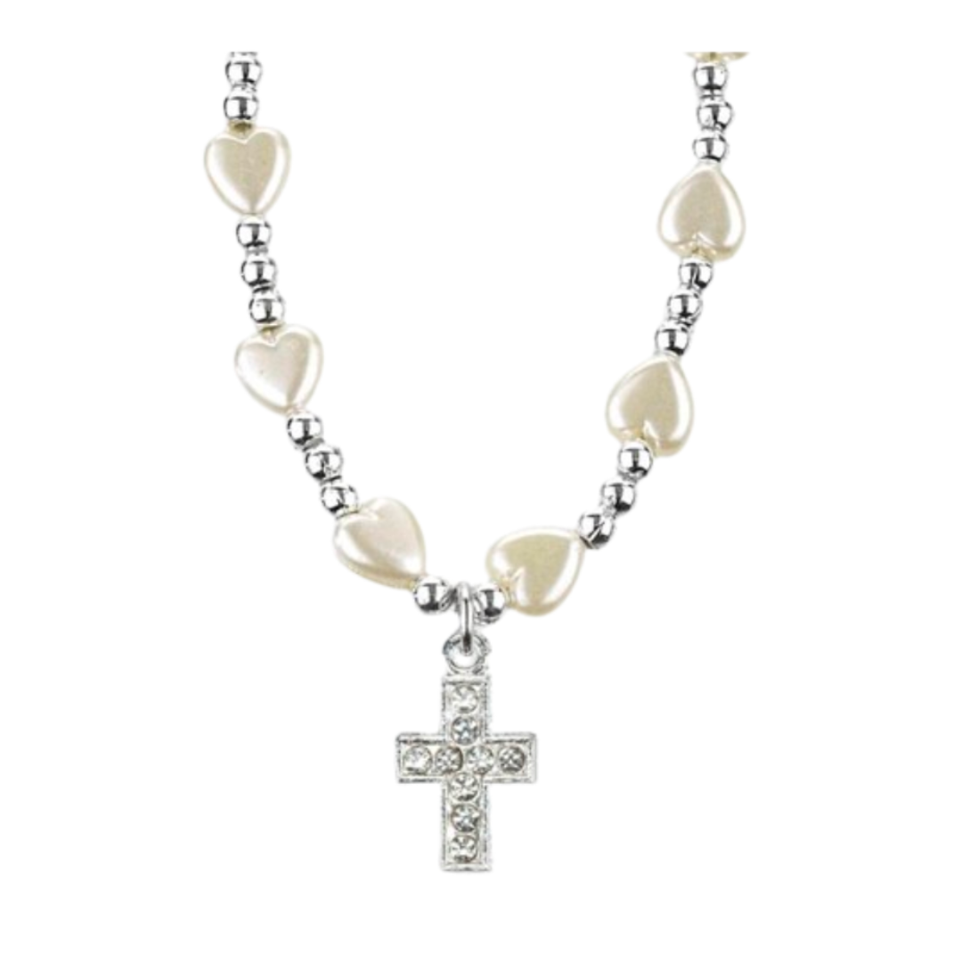 Communion Heart Shaped Faux Pearl Zirconia Cross 16" Necklace 12-1728606