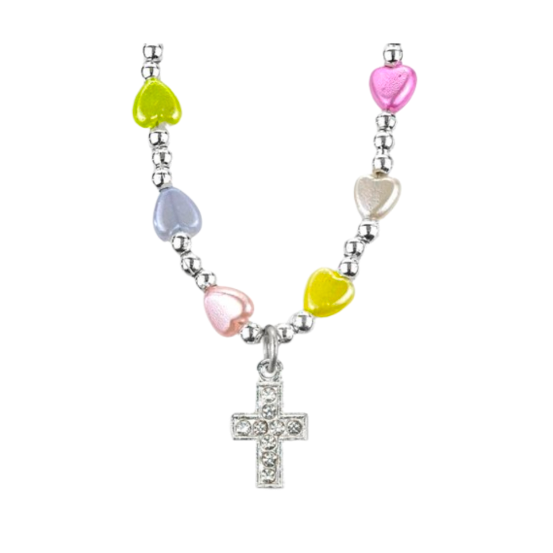 Multi Color Heart Shaped Faux Pearl 16" Necklace with Silver Seed Beads and Silver Cubic Zirconia Cross 12-1729/606