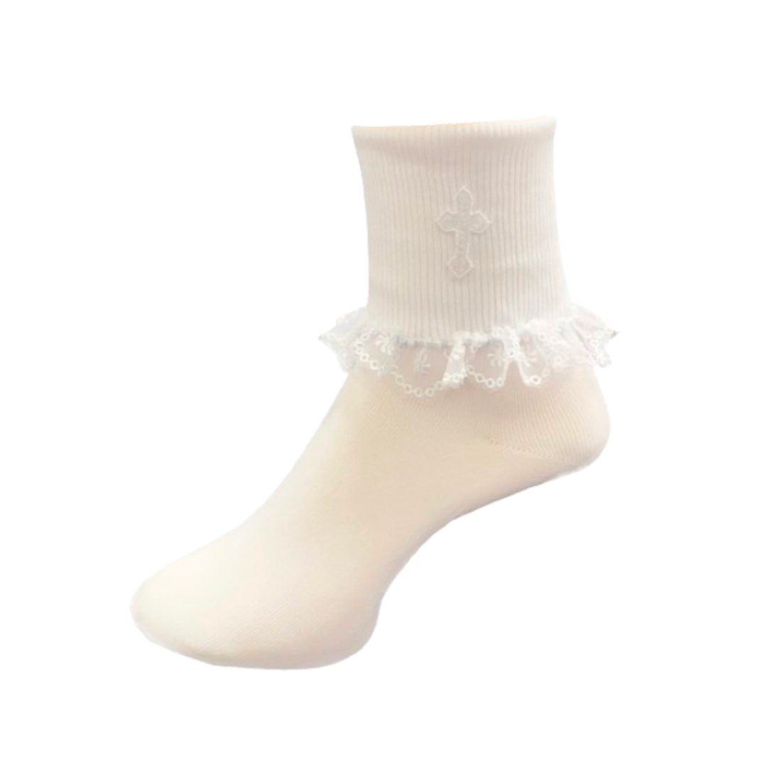 Communion Ruffled Socks With Embroidered Cross-2105 First Holy Communion Ruffled White Socks With Embroidered Cross-2105