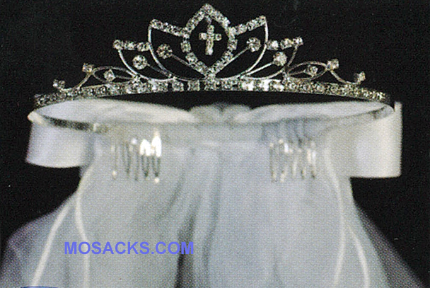 Communion 24" Veil on Rhinestone Tiara with satin bow at the back-T-812