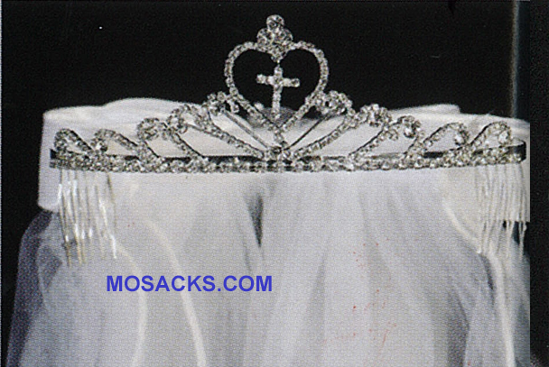 Communion 24" Veil on Rhinestone Tiara with satin bow at the back-T-82