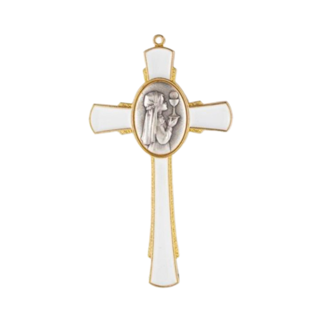 Communion White Enamel Gold Plated Finish Wall Cross with Antique Silver Girl holding Chalice & Host 12-2541-671 measures 4-3/4” high.  Communion Girl Cross comes in a Gift Box.