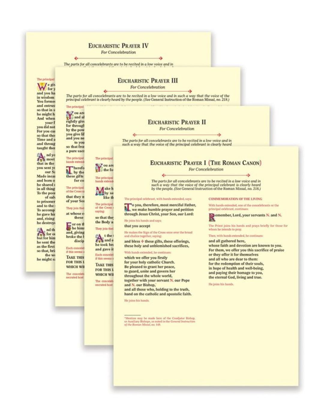 Concelebration Cards for Eucharistic Prayers I, II, III, IV Laminated