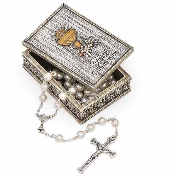 Distressed First Communion Keepsake Box 602064 has a Chalice, Host & Grapes design.  First Communion Keepsake Box is 2.75 inches high 602064