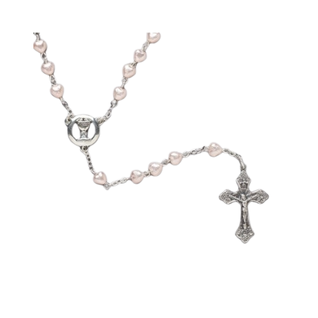 First Communion Pink Heart Rosary