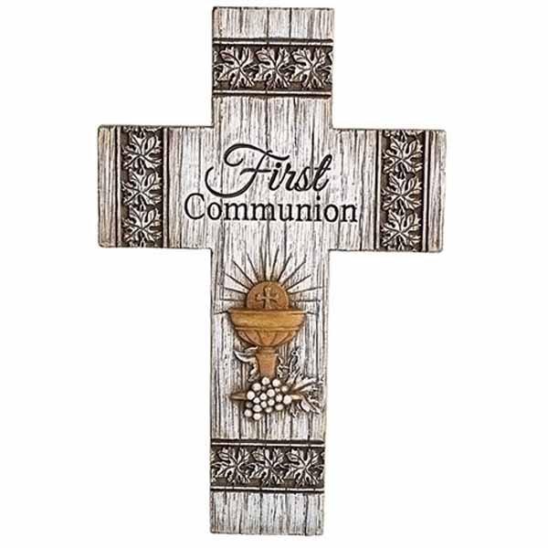 Distressed First Communion Wall Cross has a Chalice, Host & Grapes design.  First Communion Wall Cross is 8.75 inches high 602062 