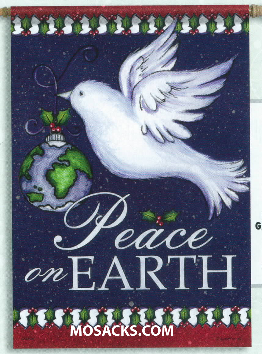 Flagtrends by Carson Peace on Earth Dove Flag 13 x 18 Inch Double Sided Garden Flag 480-45745 is readable from both sides and depicts a Dove flying and holding an ornament of the earth in its beak and the verse Peace on Earth below the Dove.