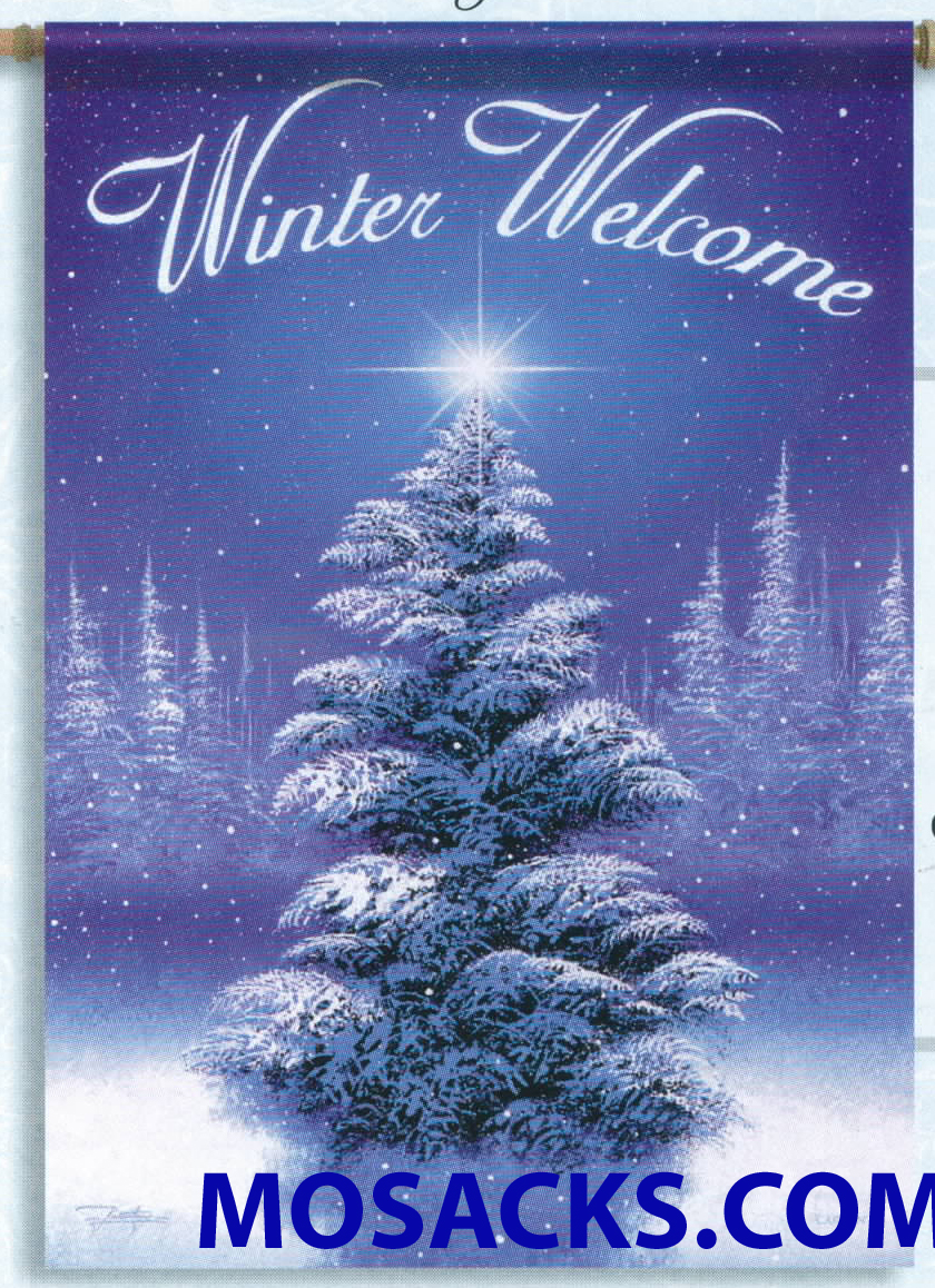  FlagTrends by Carson Decorative Flag Winter Welcome with Snow-covered Evergreen Trees Flag is 28 x 40 Inches and a Double-Sided Flag 480-47986 that is readable on both sides. 