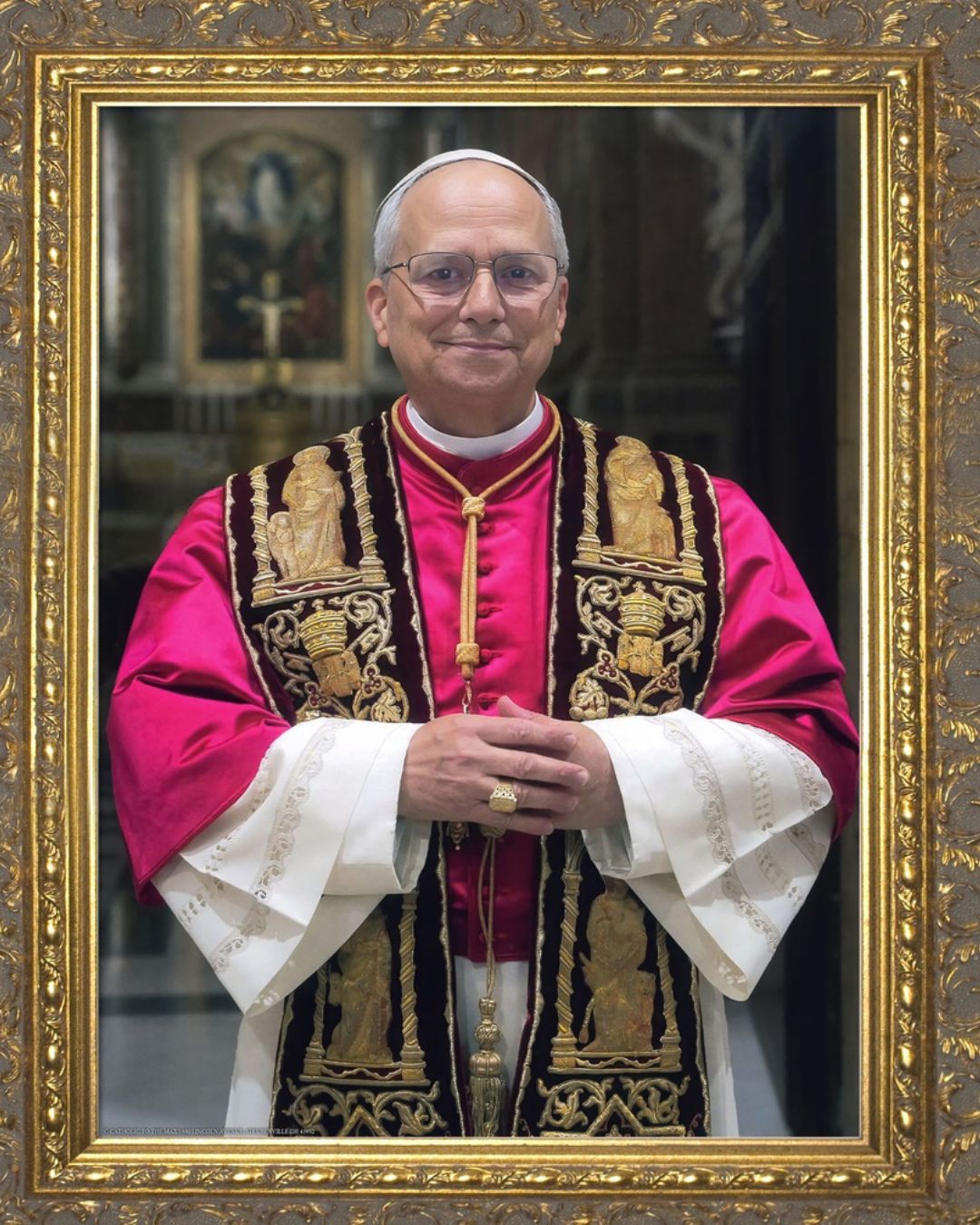 Picture of Pope Leo XIV 's Offical Portrait in a Gold Frame