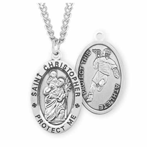St. Christopher Oval Sports Medal Lacrosse in Sterling Silver, S602024