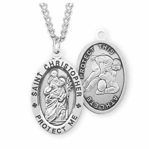 St. Christopher Oval Sports Medal Wrestling in Sterling Silver, S602124