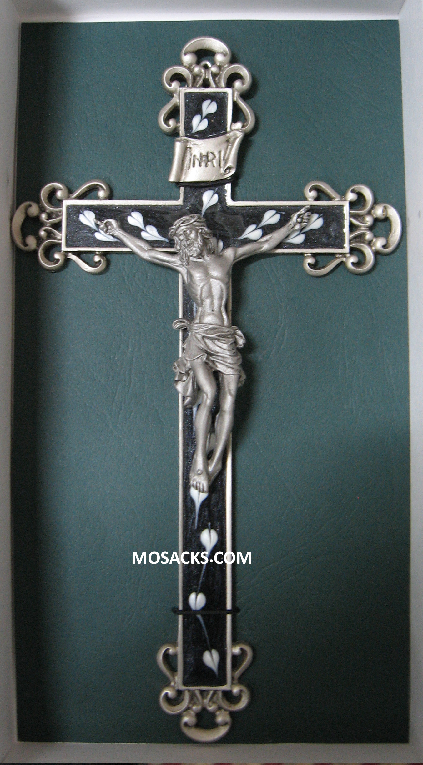 Crucifix 10" Black Jet Floral Epoxy Silver Corpus-JC7003E