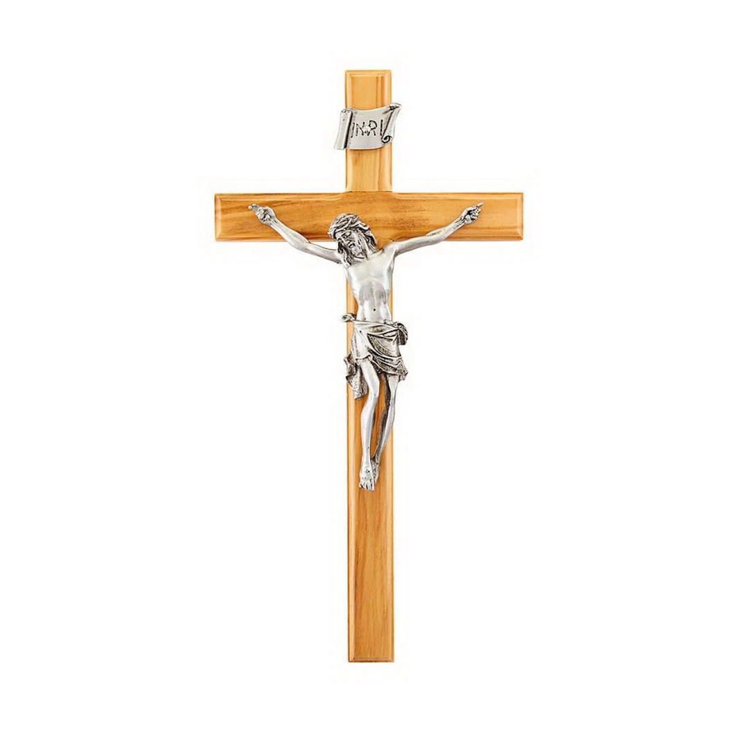 Crucifix 10" Beveled Edge Olive Wood with Antique Pewter Corpus-JC4110E