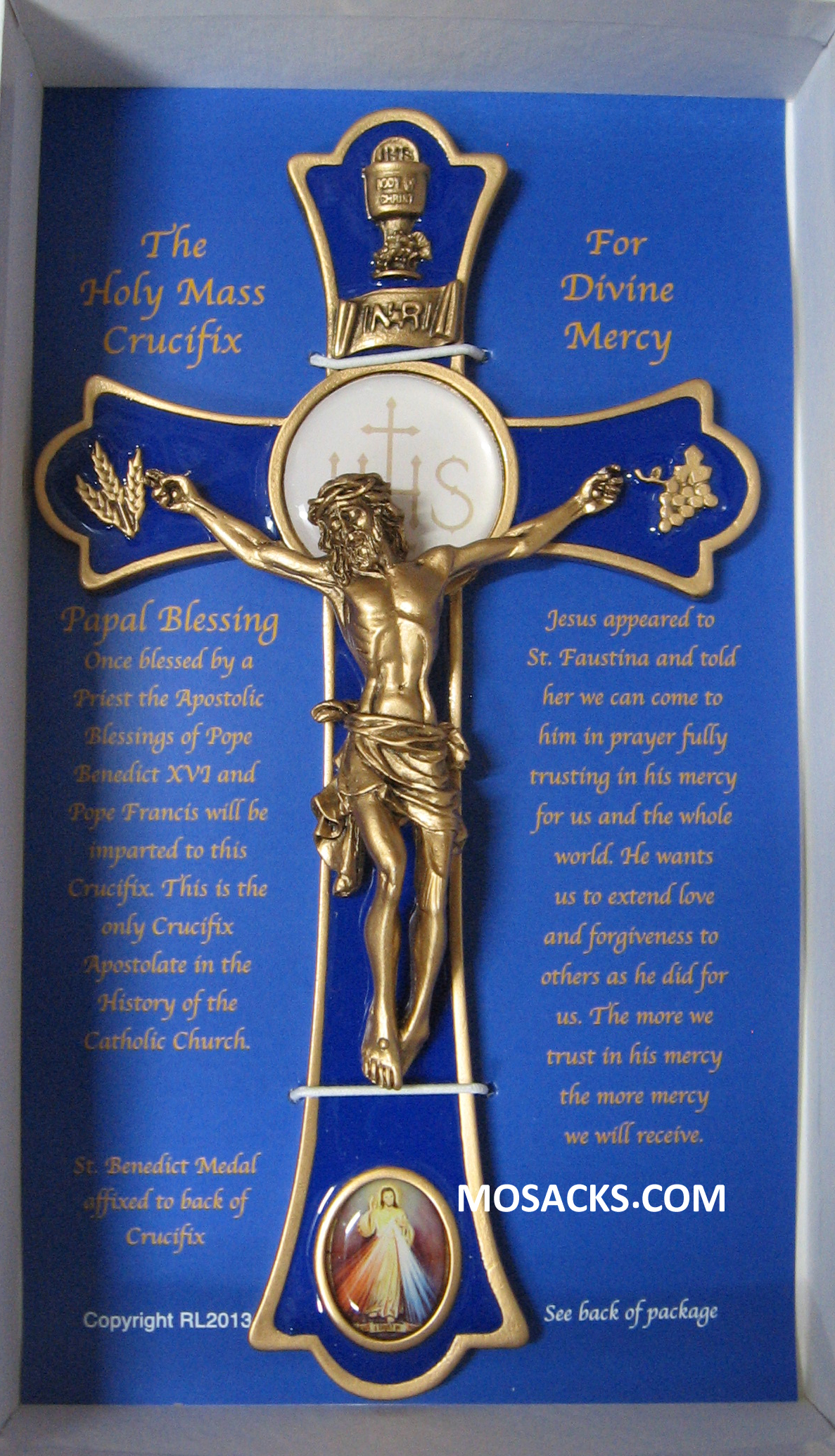 Holy Mass 8" Crucifix w/ Divine Mercy Blue Epoxy with Gold Finish-JC3230L