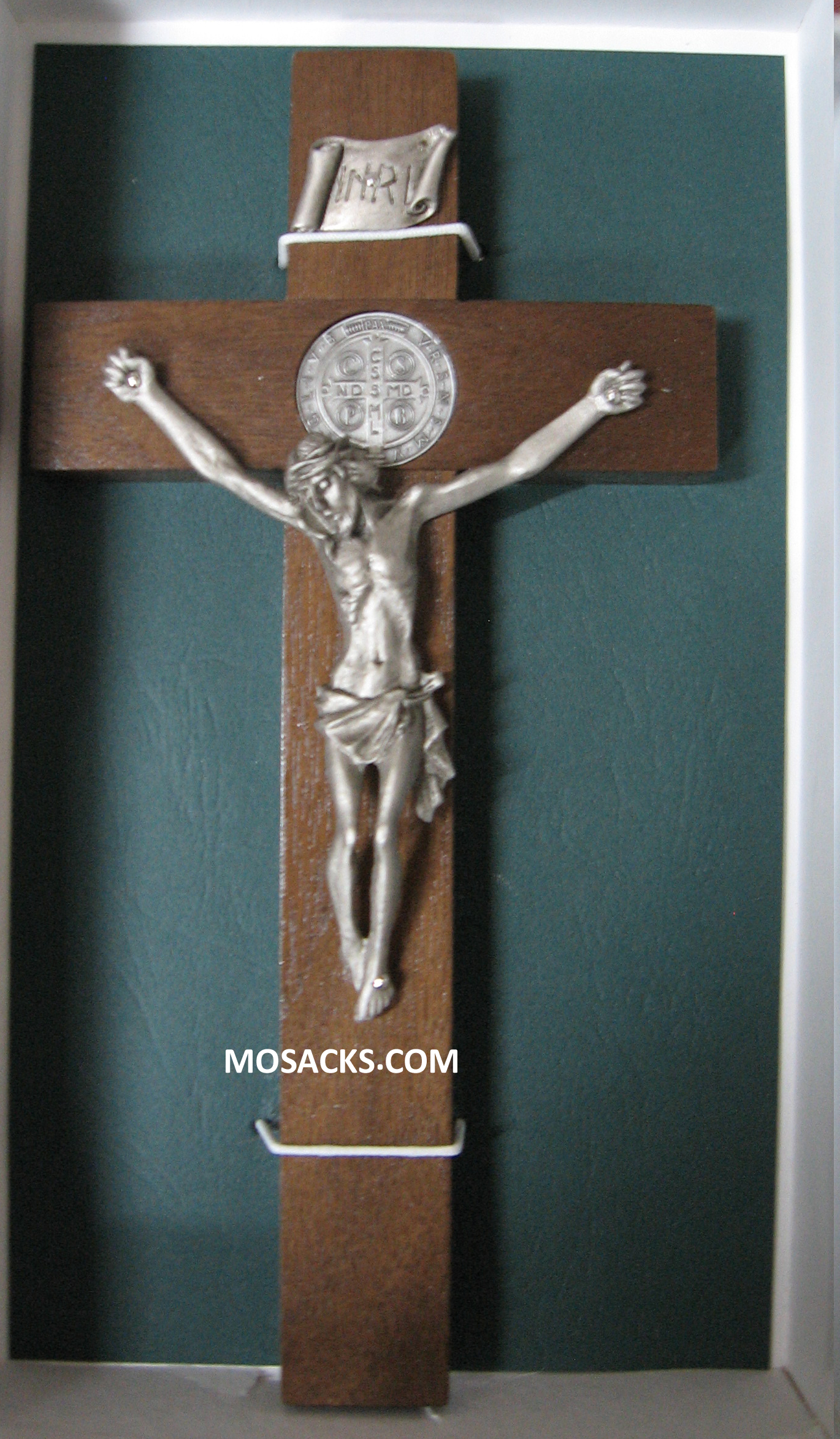 8" St. Benedict Crucifix in Walnut with Antique Silver Corpus-JC10018E is a wall crucifix