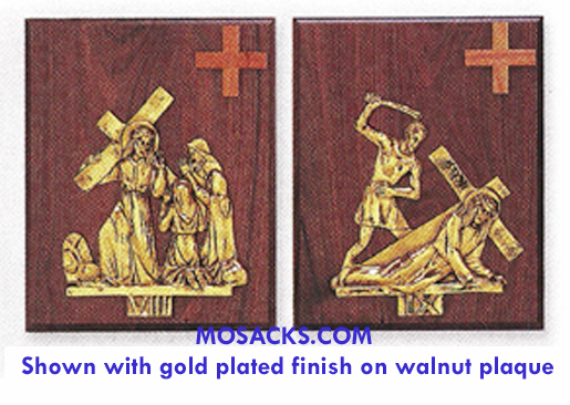 K379-GP 24K Gold Plated Cast 14 Stations Of The Cross on Wood Plaque