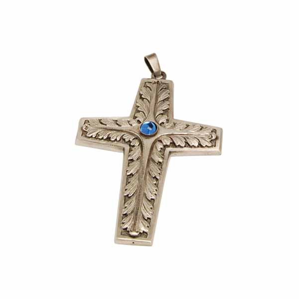 Pectoral Cross Silver with Blue Stone 2-7/8" Wide, 4-1/8" High K897