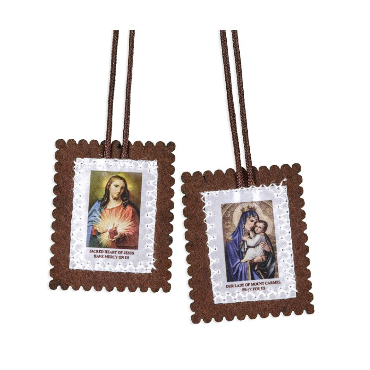 Large Brown Wool Scapular With Cloth ImageWhite Cord 12-1516 measures 2-1/2" x 3-1/2"