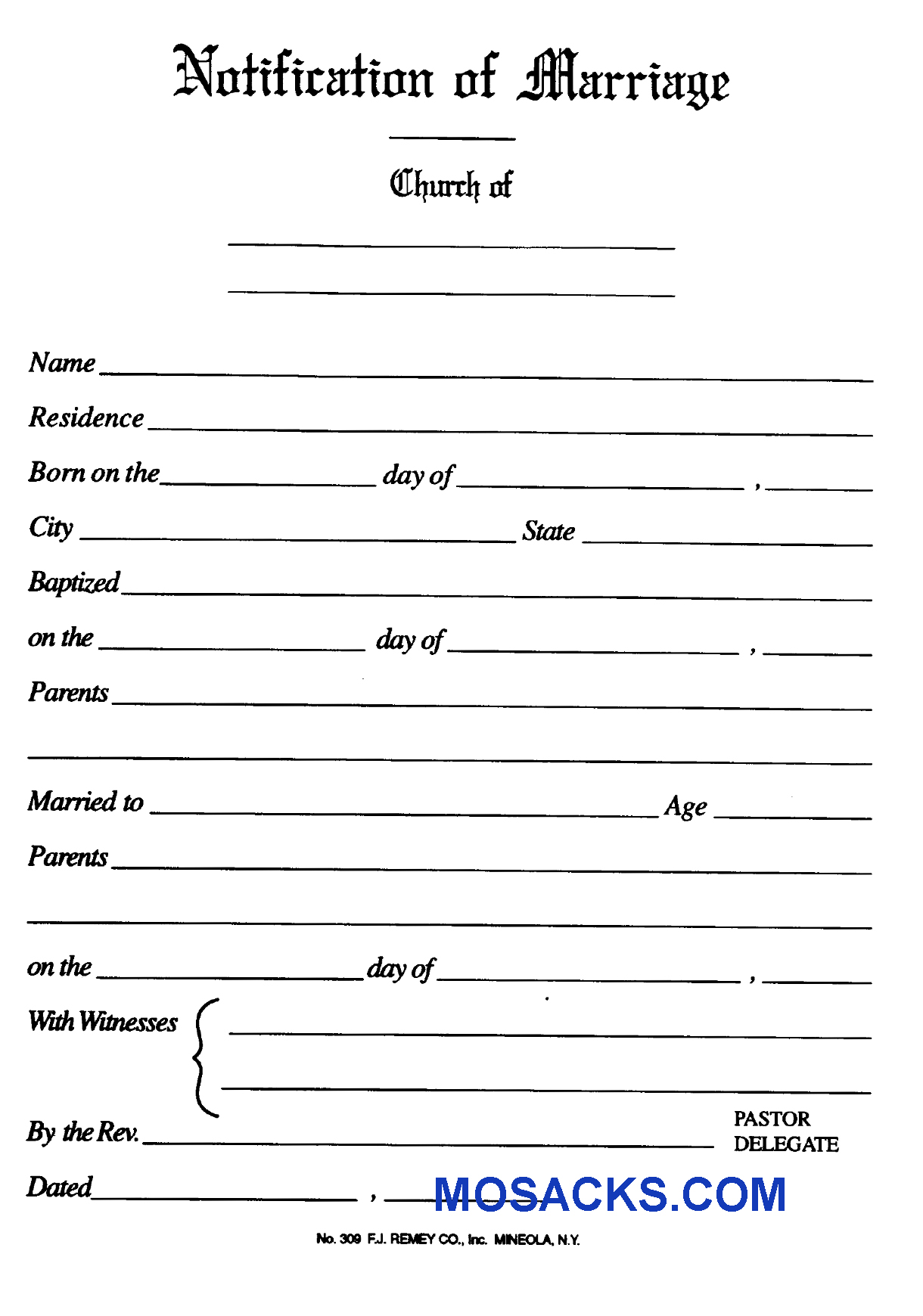 Marriage Notification Simple Form No. 309