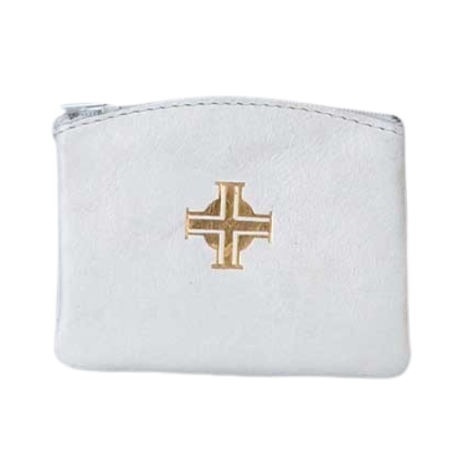 White Leather Rosary Case With Gold Cross and Zipper 64-7600WH