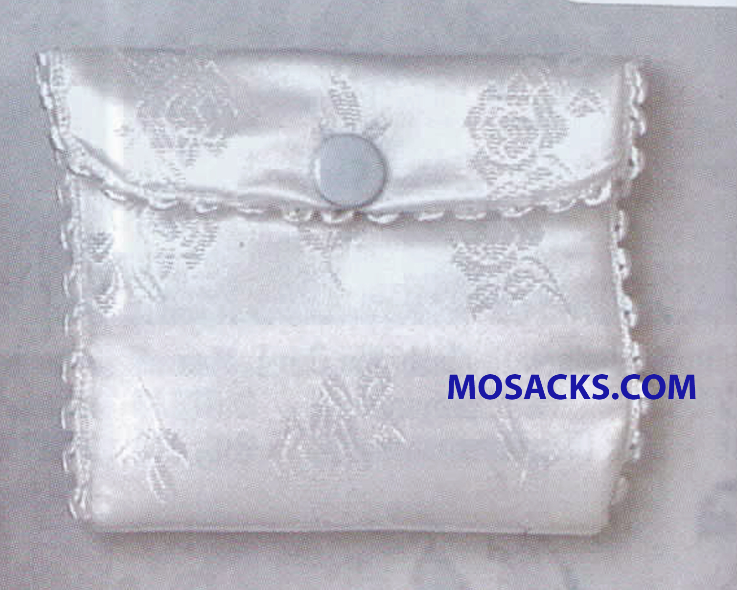 Embroidered White Satin Rosary Case with Flower Design and Snap Closure Measures 3” x 2.5”.