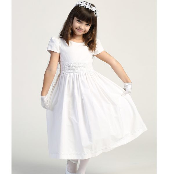 Communion Dress Cotton With Smocked Waistband Tea Length-SP108A First Holy Communion Dress Cotton With Smocked Waistband in Tea Length-SP108A
