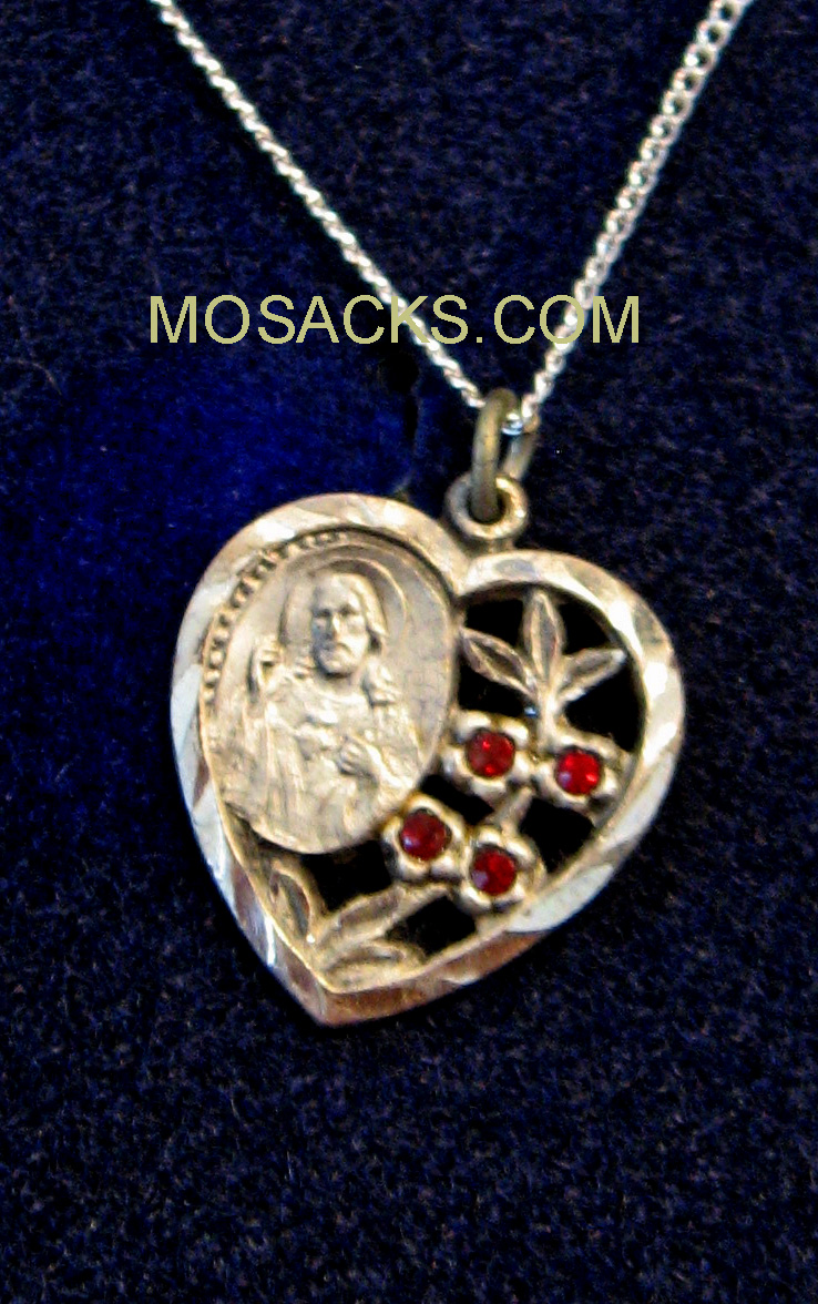 Sacred Heart Sterling Silver Ruby Glass Necklace