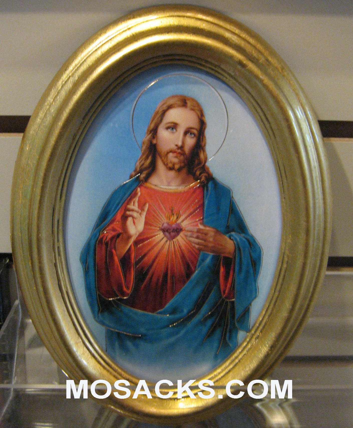Italian Sacred Heart of Jesus Print in 5-1/2" x 7" Gold Leaf Oval Frame 557-101