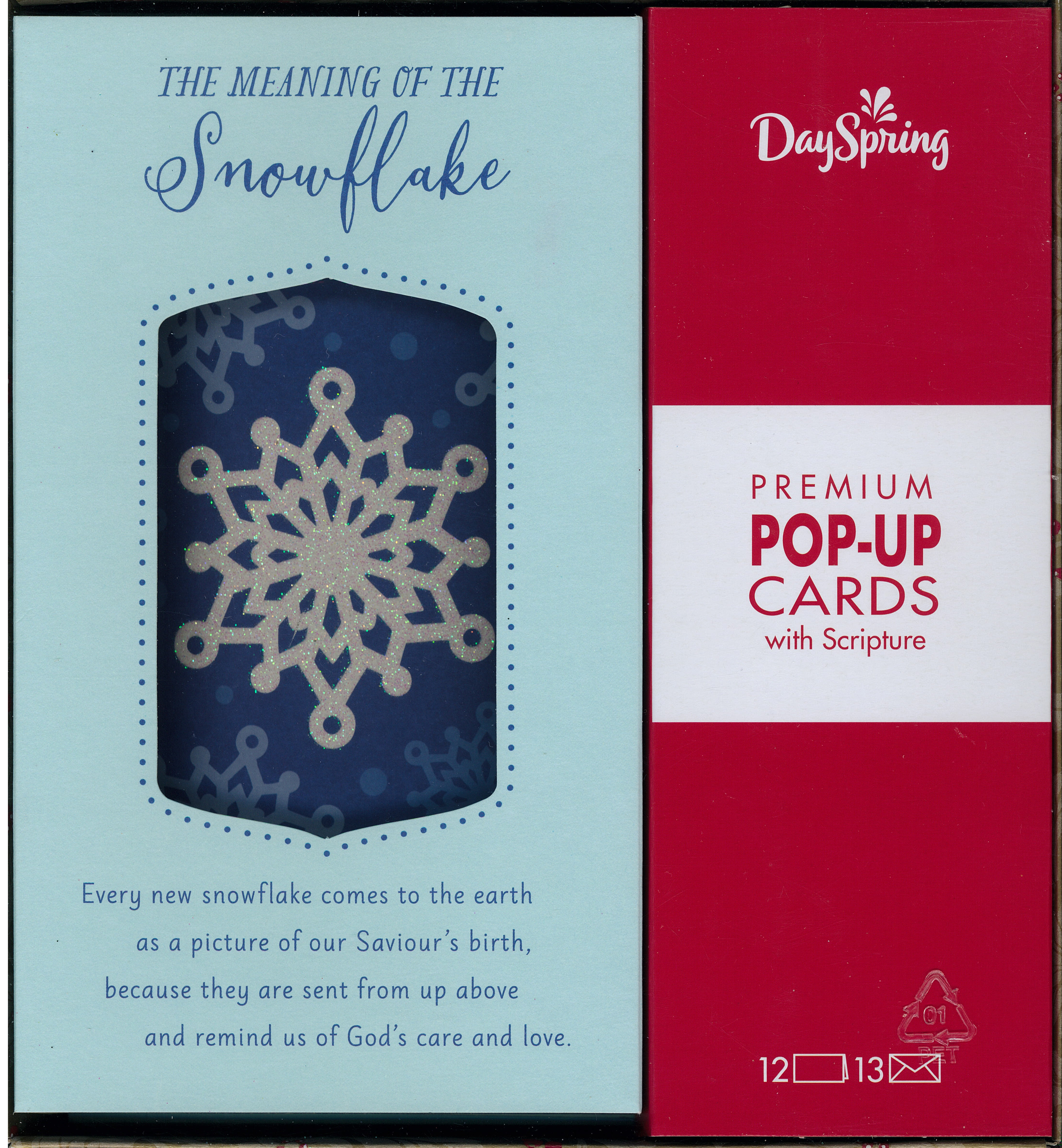 Snowflake Pop-Up Boxed Christmas Cards 217-J0447 includes 12 cards and envelopes