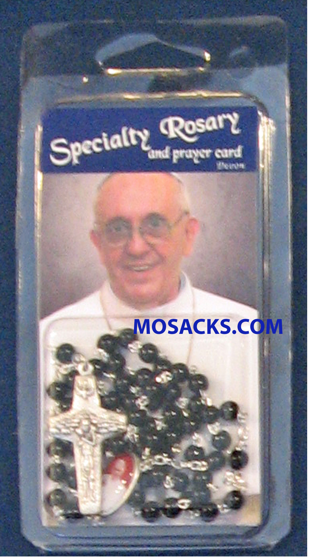 Specialty Rosary Pope Francis Black Rosary and Prayer for Pope Francis Prayer Card 64-967/BK/FRA/C1 is a 17” Black Round Bead Rosary with Pope Francis Joiner and Good Shepherd Crucifix