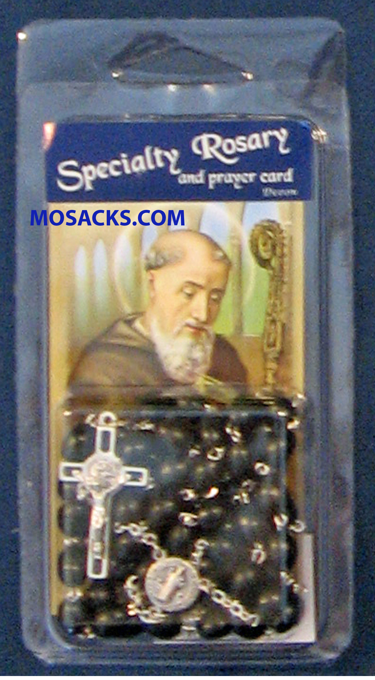 Specialty Rosary St. Benedict Rosary and St. Benedict Prayer Card 64-625/BEN/C1 is a 17” Black Oval Bead St. Benedict Rosary with St. Benedict Crucifix and St. Benedict Medal Joiner