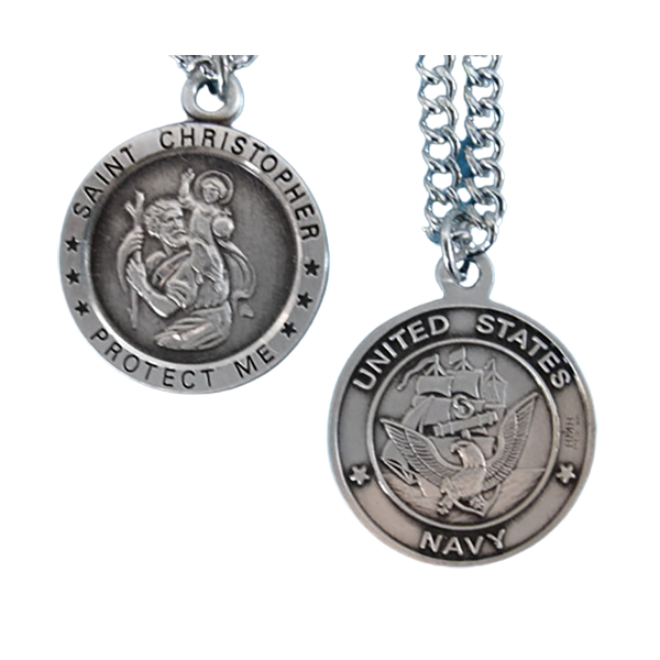 St. Chris Navy Sterling Medal w/24" S Chain