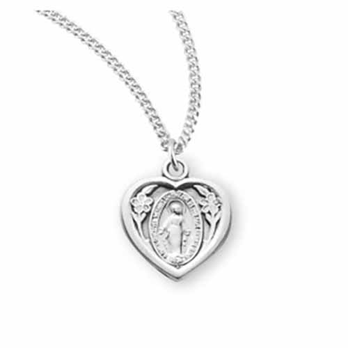 Sterling Silver Heart shape Miraculous Medal on 18"Rhodium Chain 147-S1124/18, Communion Jewelry