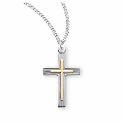 Sterling Silver Gold Plated Cross on 18" Rhodium Chain 147-S3703TT18 Communion Jewelry