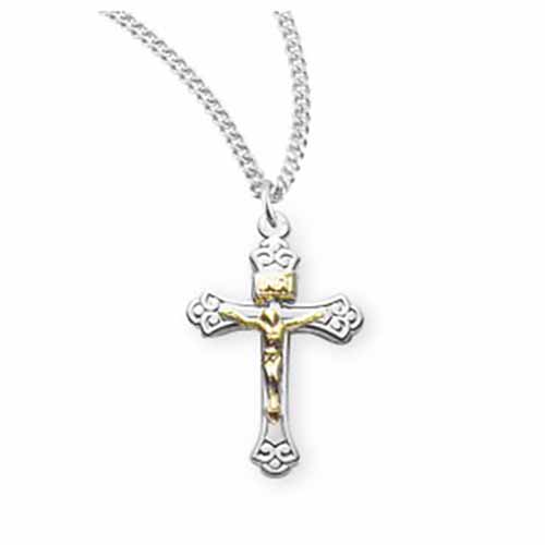 Sterling Silver Gold Plated Crucifix on 18" Rhodium Chain 147-S3859TT18 Communion Jewelry
