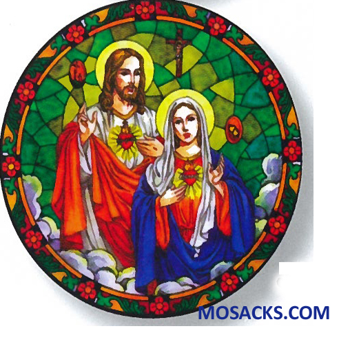 Stained Glass Suncatcher Window Decal Sacred Heart of Jesus and Immaculate Heart of Mary - Two Hearts 356-JM  Stained Glass Suncatcher Window Decal Jesus and Mary Two Hearts 356-JM