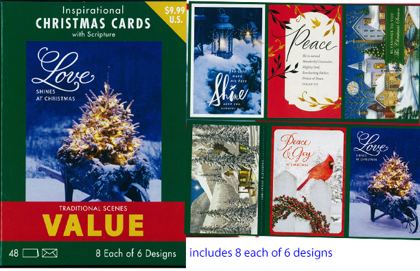 Traditional Scenes Value Boxed Christmas Cards 217-10368 includes 48 cards and envelopes 8 each of 6 designs