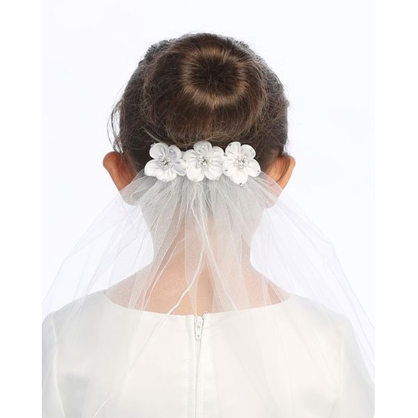 Communion 18" Veil + Satin Flowers + Rhinestones