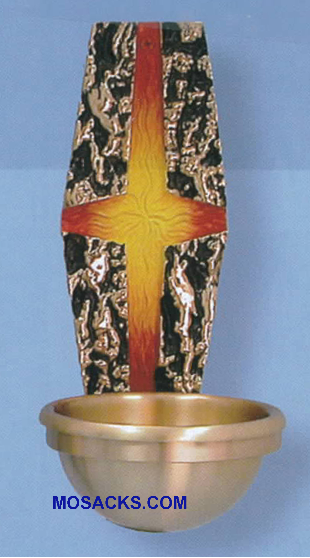 Bronze Holy Water Font w/Cross in Red, Orange & Yellow 77HWF36