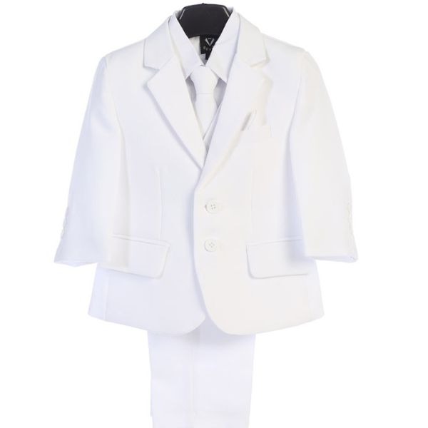 Boys 5 piece White Poly Poplin suit with garment bag