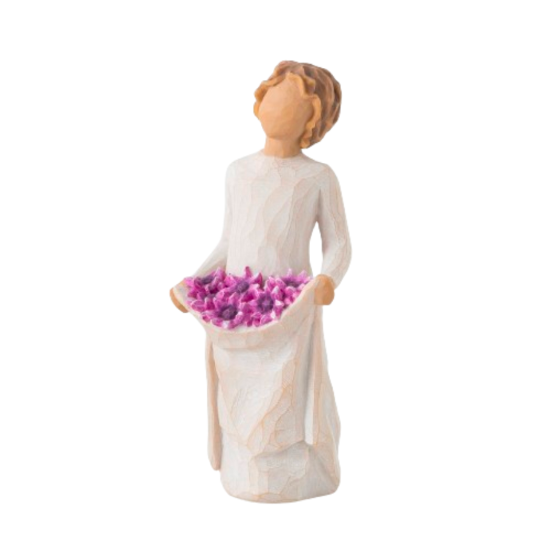 Willow Tree Figurine, Simple Joys: You're simply a joy in my life 5.5" High 27242. This is a figurine of a girl lifting her gown filled with purple flowers 27242 FREE SHIPPING WITH $100. ORDERS