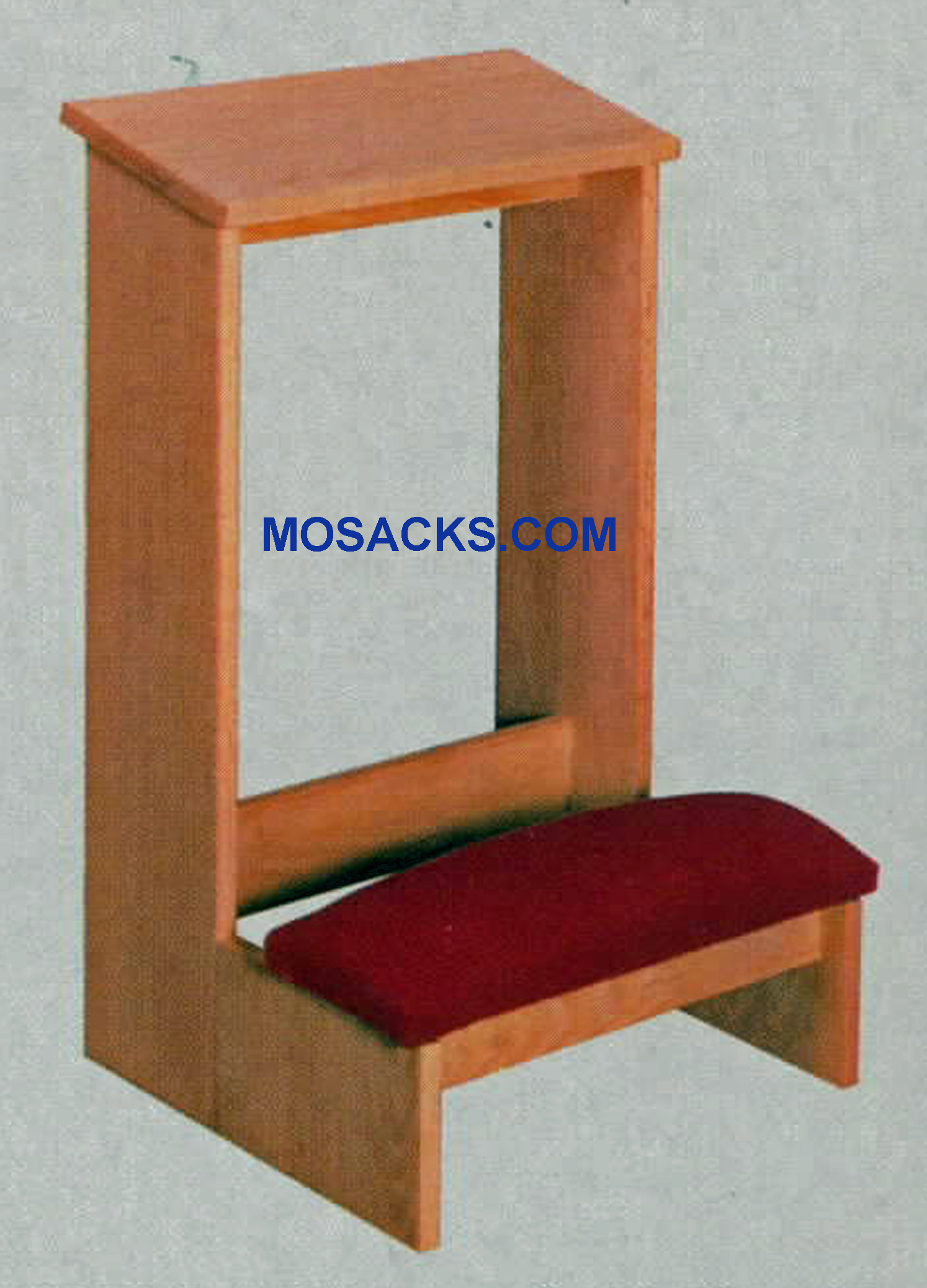 W Brand Prie Dieu with upholstered kneeler and a shelf 19" w x 19" d x 30" h #2300. This Prie Dieu Kneeler is finished wood with a slanted shelf for arm comfort and upholstered kneeler. Various wood stains and colored fabrics are available #2300